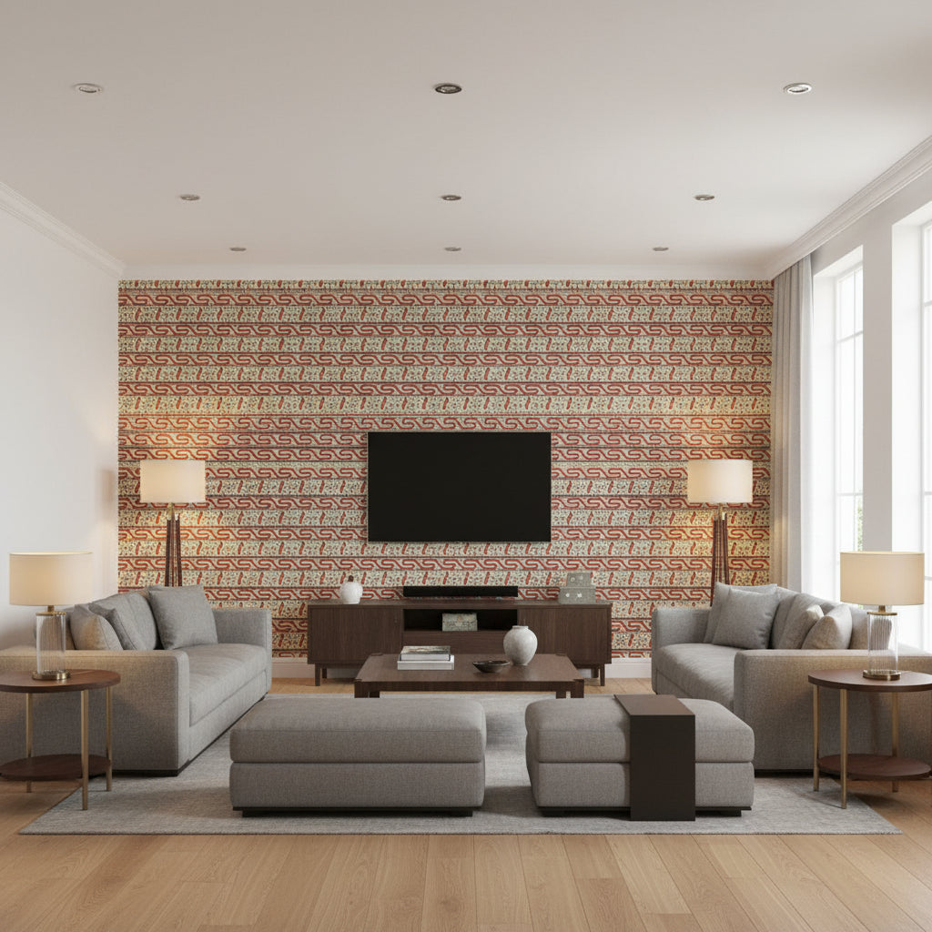 Bosphorus Border Pomegranate | Schumacher Wallcovering - Living Room Visualization (AI-generated, may not be to scale. Verify pattern scale with product specifications.)