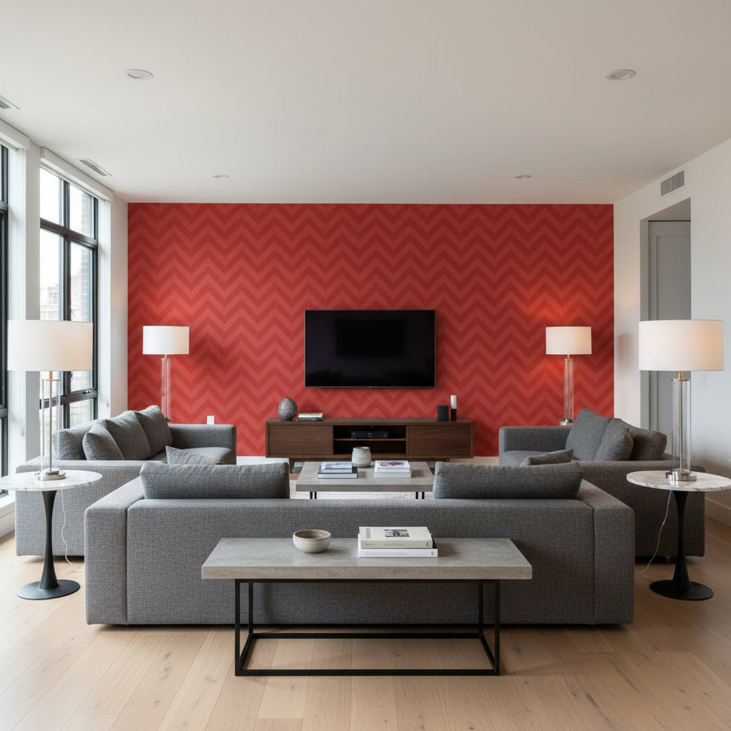 Fez Pomegranate | Schumacher Wallcovering - Living Room Visualization (AI-generated, may not be to scale. Verify pattern scale with product specifications.)