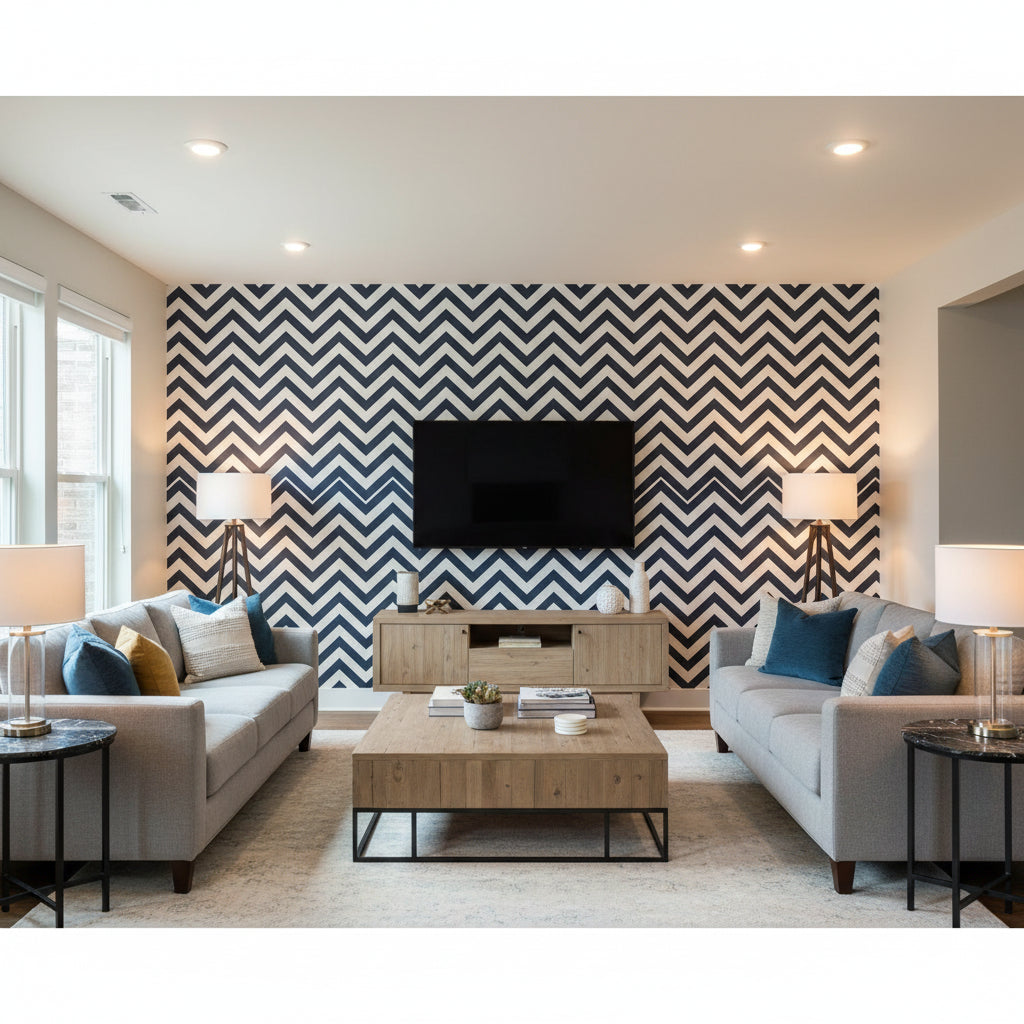 Fez Lapis | Schumacher Wallcovering - Living Room Visualization (AI-generated, may not be to scale. Verify pattern scale with product specifications.)