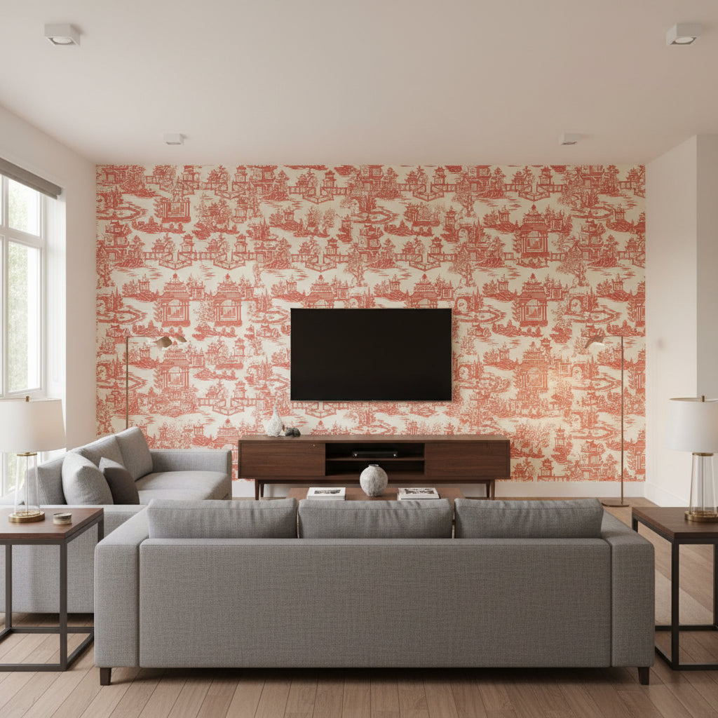 Nanjing Coral | Schumacher Wallcovering - Living Room Visualization (AI-generated, may not be to scale. Verify pattern scale with product specifications.)