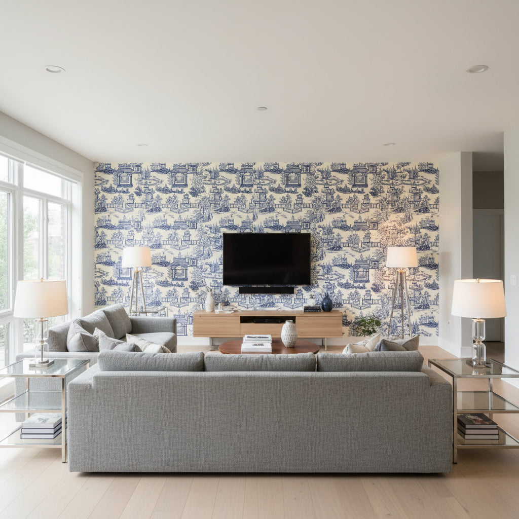 Nanjing Porcelain | Schumacher Wallcovering - Living Room Visualization (AI-generated, may not be to scale. Verify pattern scale with product specifications.)