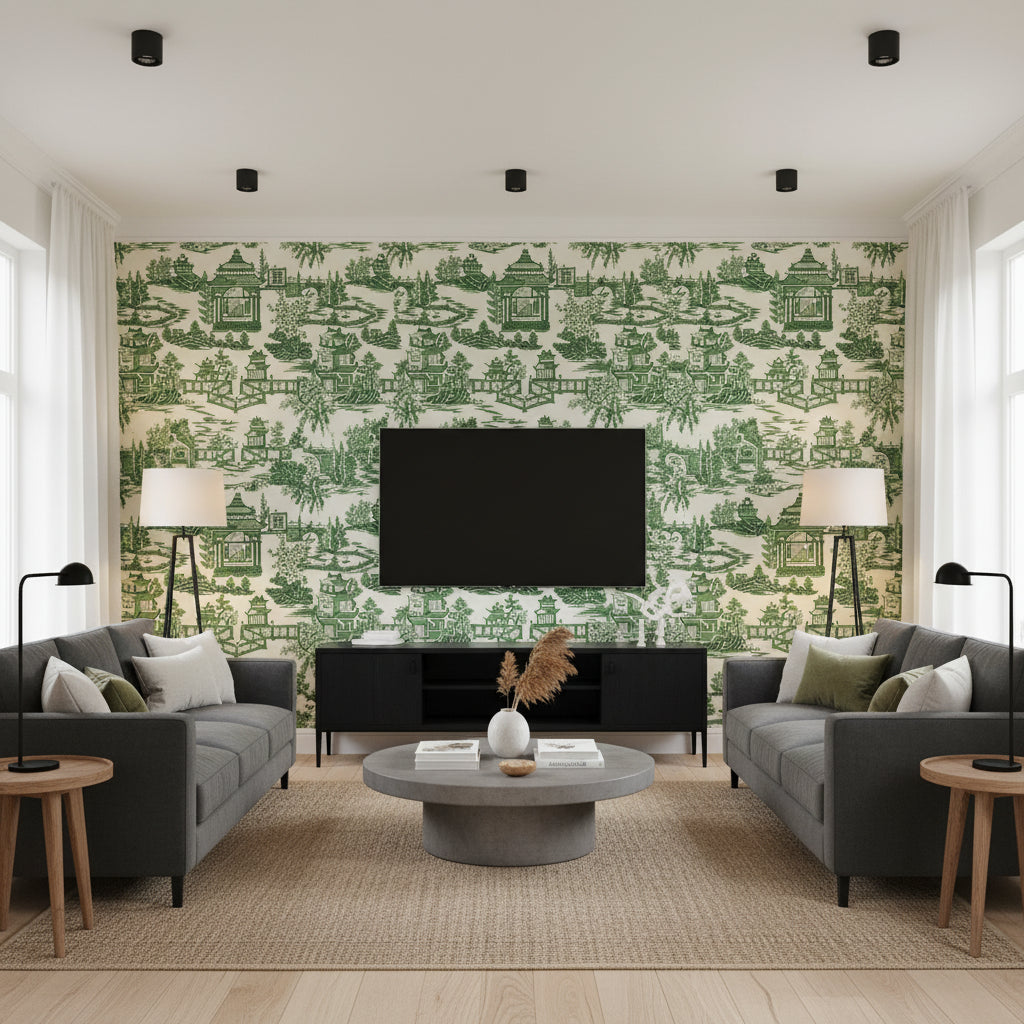 Nanjing Jade | Schumacher Wallcovering - Living Room Visualization (AI-generated, may not be to scale. Verify pattern scale with product specifications.)