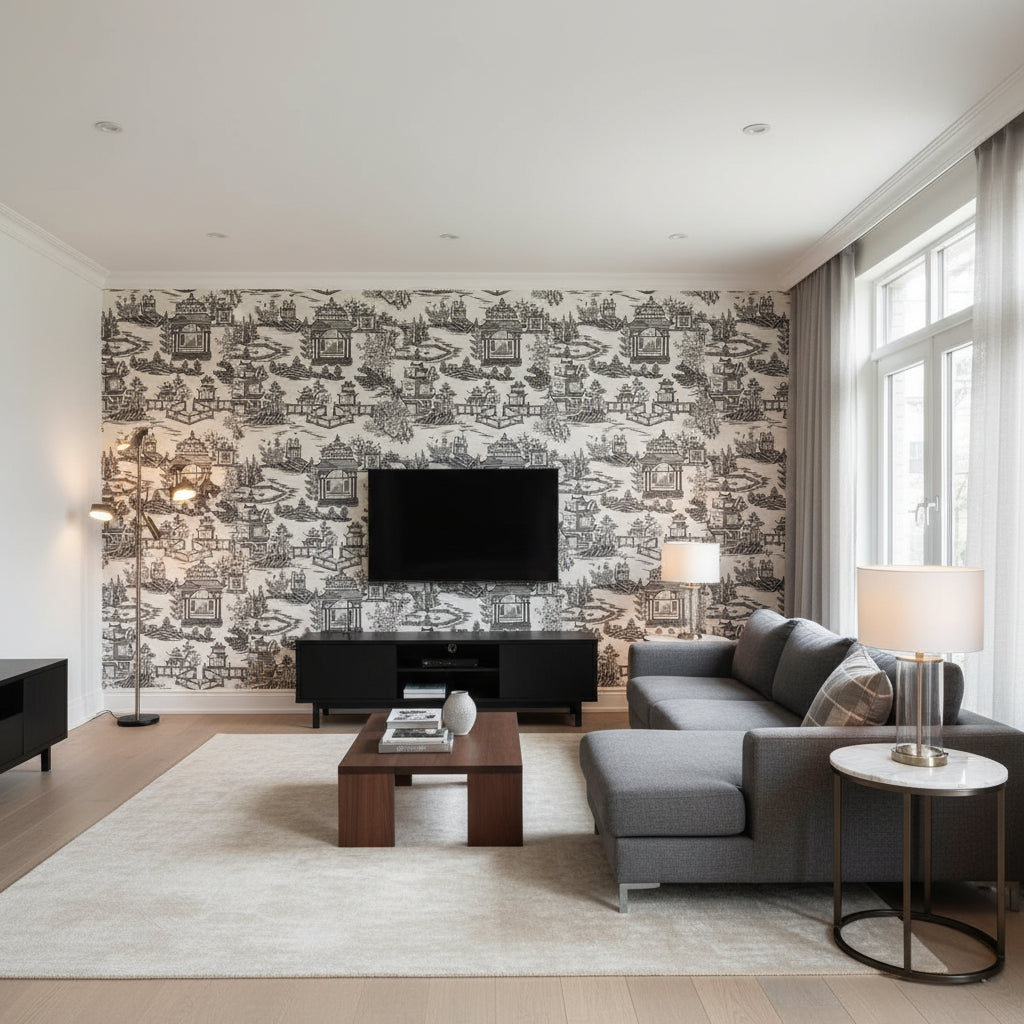 Nanjing Smoke | Schumacher Wallcovering - Living Room Visualization (AI-generated, may not be to scale. Verify pattern scale with product specifications.)