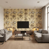 Pyne Hollyhock Tobacco | Schumacher Wallcovering - Living Room Visualization (AI-generated, may not be to scale. Verify pattern scale with product specifications.)