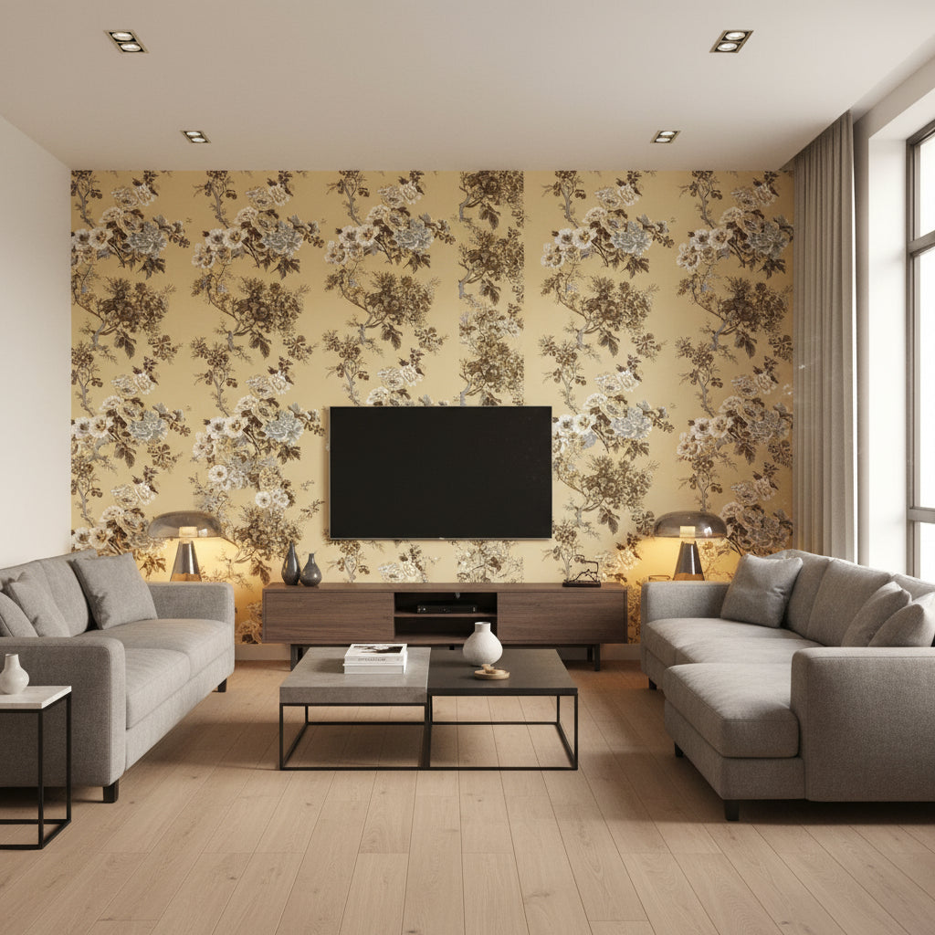 Pyne Hollyhock Tobacco | Schumacher Wallcovering - Living Room Visualization (AI-generated, may not be to scale. Verify pattern scale with product specifications.)