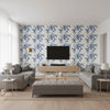 Pyne Hollyhock Indigo | Schumacher Wallcovering - Living Room Visualization (AI-generated, may not be to scale. Verify pattern scale with product specifications.)