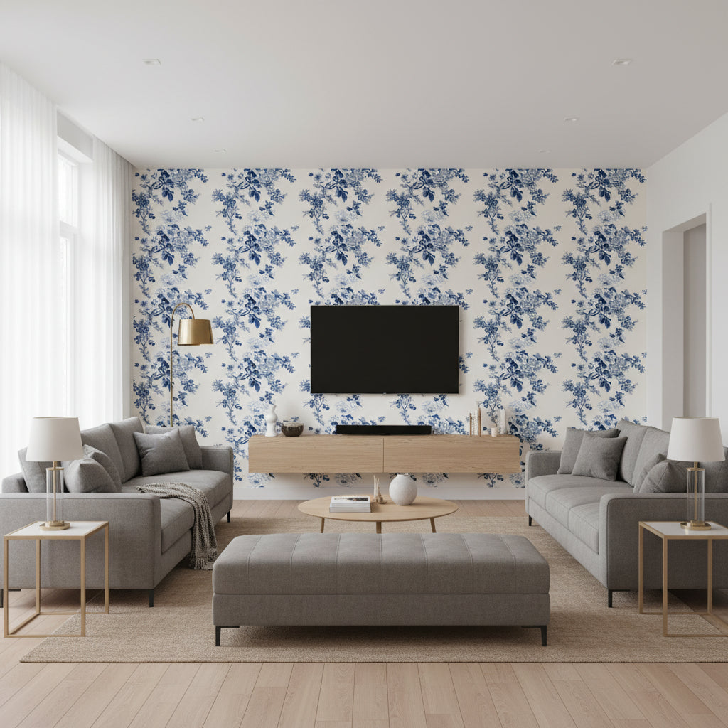 Pyne Hollyhock Indigo | Schumacher Wallcovering - Living Room Visualization (AI-generated, may not be to scale. Verify pattern scale with product specifications.)