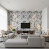 Pyne Hollyhock Grisaille | Schumacher Wallcovering - Living Room Visualization (AI-generated, may not be to scale. Verify pattern scale with product specifications.)