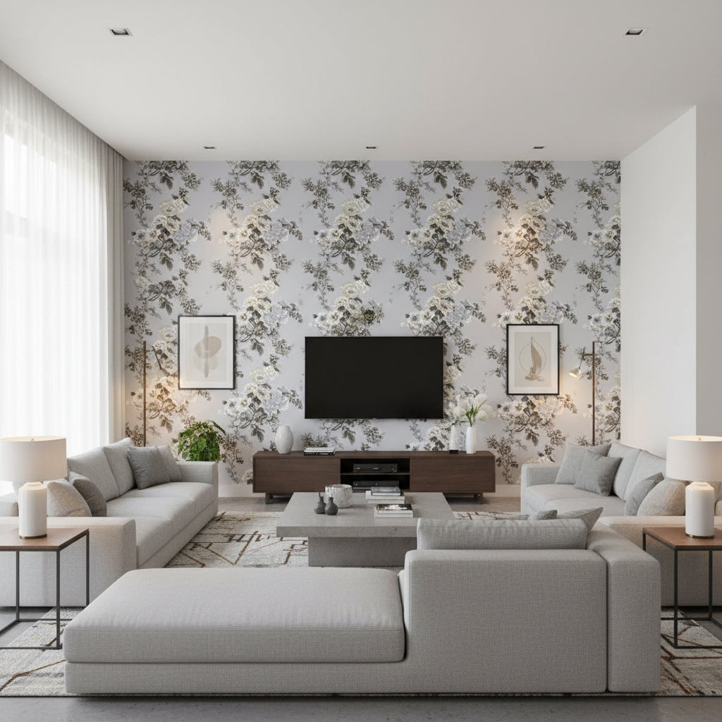 Pyne Hollyhock Grisaille | Schumacher Wallcovering - Living Room Visualization (AI-generated, may not be to scale. Verify pattern scale with product specifications.)