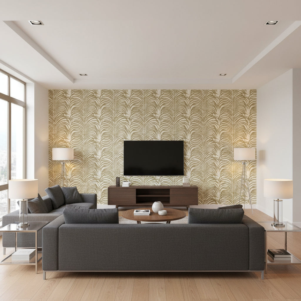 Zebra Palm Khaki | Schumacher Wallcovering - Living Room Visualization (AI-generated, may not be to scale. Verify pattern scale with product specifications.)