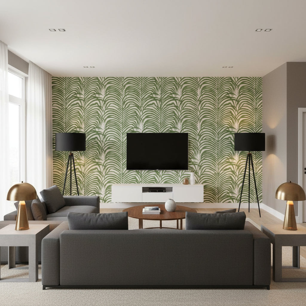 Zebra Palm Jungle | Schumacher Wallcovering - Living Room Visualization (AI-generated, may not be to scale. Verify pattern scale with product specifications.)