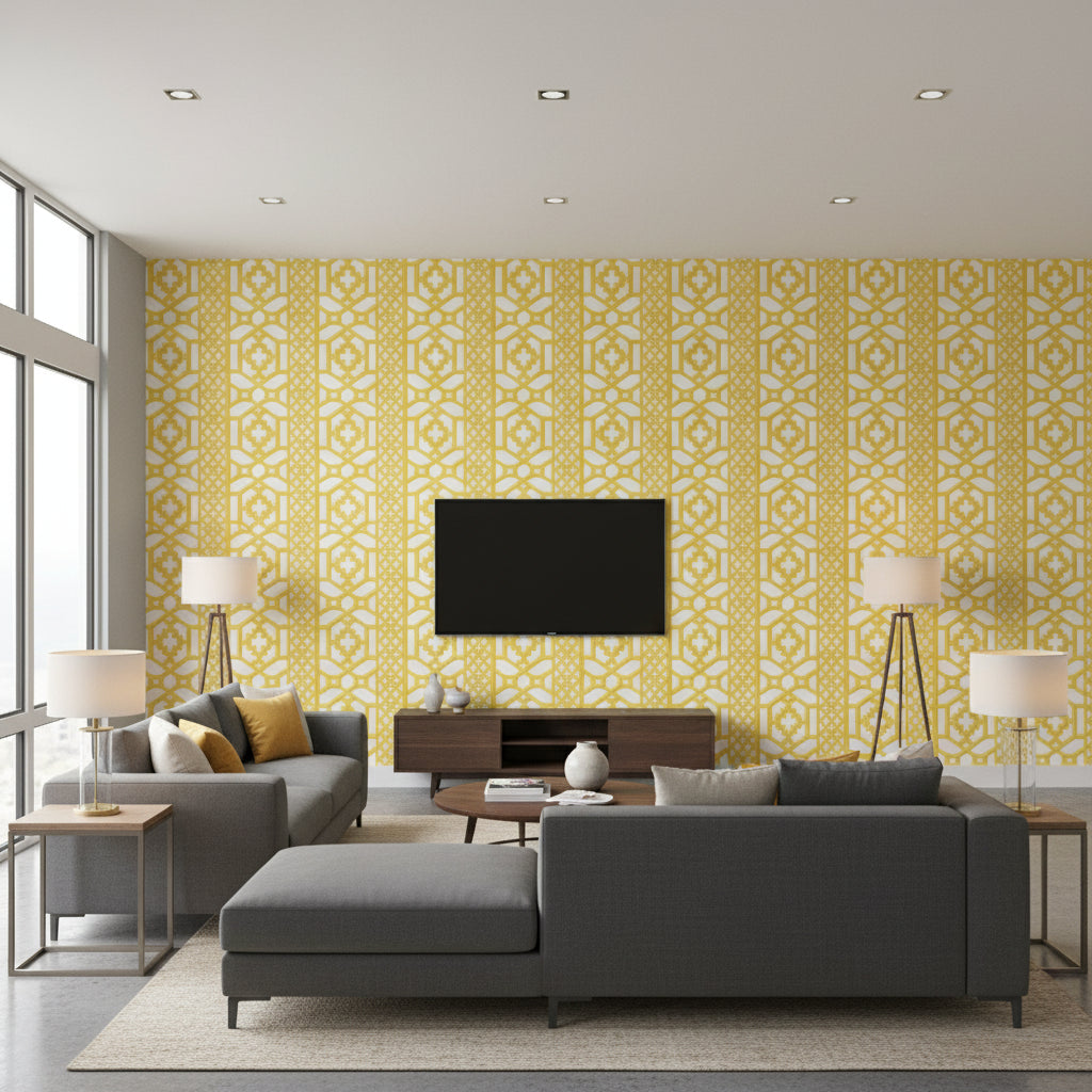 Zanzibar Trellis Canary | Schumacher Wallcovering - Living Room Visualization (AI-generated, may not be to scale. Verify pattern scale with product specifications.)