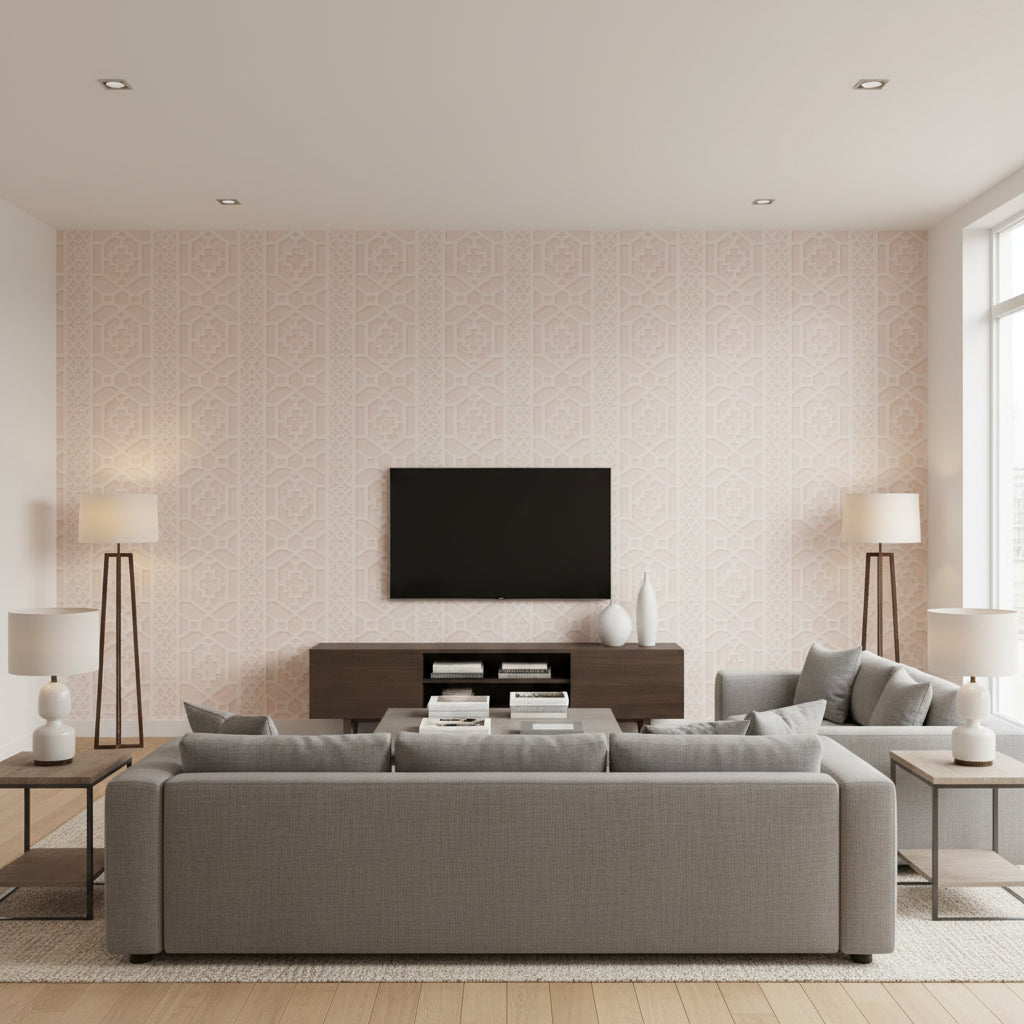 Zanzibar Trellis Blush | Schumacher Wallcovering - Living Room Visualization (AI-generated, may not be to scale. Verify pattern scale with product specifications.)