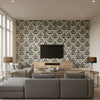 Vientiane Ikat Ebony | Schumacher Wallcovering - Living Room Visualization (AI-generated, may not be to scale. Verify pattern scale with product specifications.)