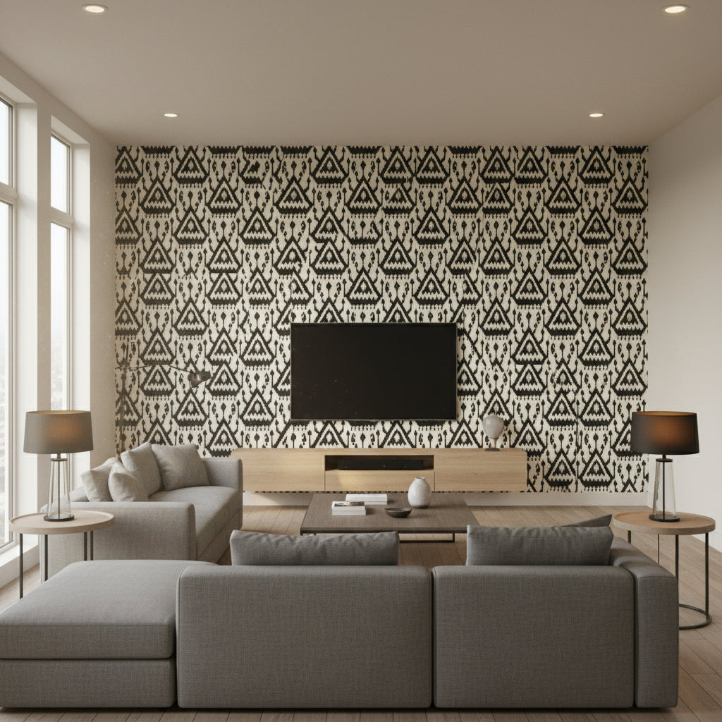 Vientiane Ikat Ebony | Schumacher Wallcovering - Living Room Visualization (AI-generated, may not be to scale. Verify pattern scale with product specifications.)