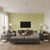 Vientiane Ikat Palm | Schumacher Wallcovering - Living Room Visualization (AI-generated, may not be to scale. Verify pattern scale with product specifications.)
