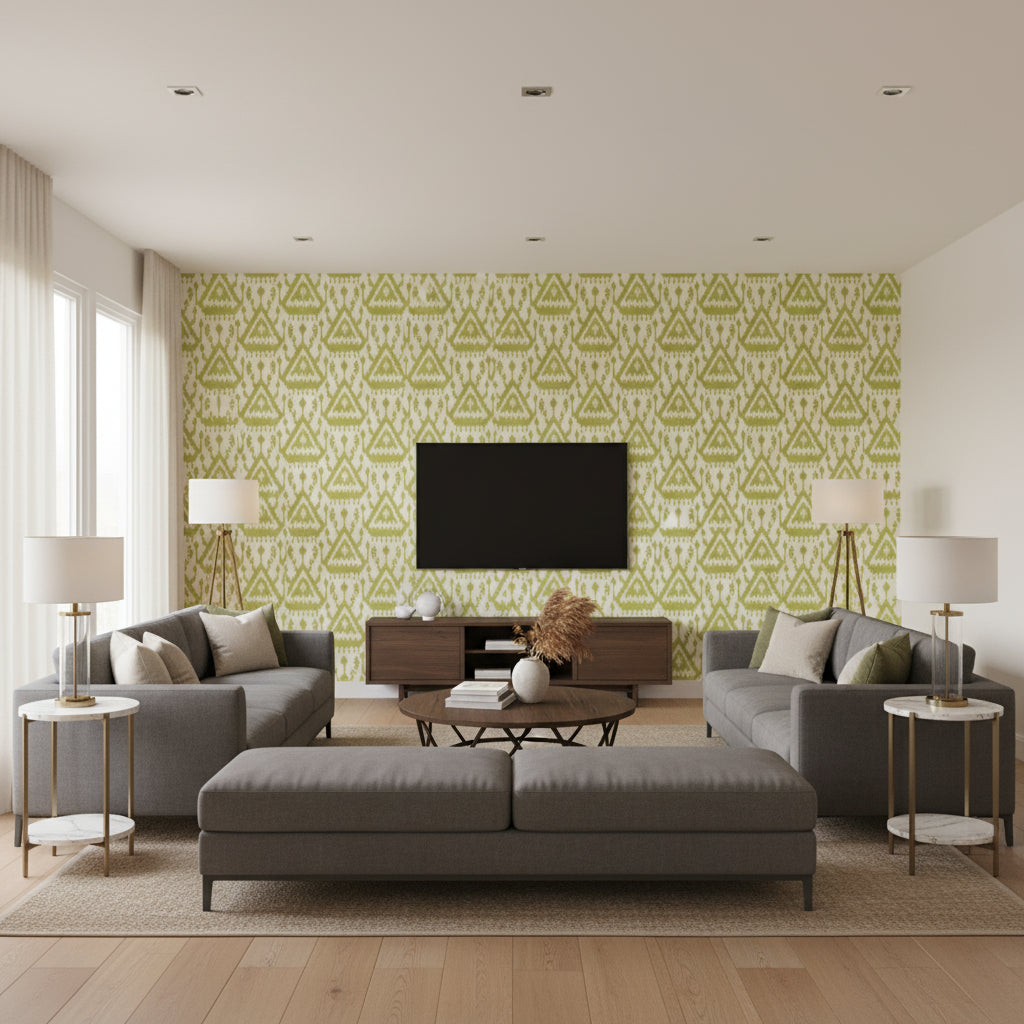 Vientiane Ikat Palm | Schumacher Wallcovering - Living Room Visualization (AI-generated, may not be to scale. Verify pattern scale with product specifications.)