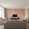 Katsugi Tangerine & Berry | Schumacher Wallcovering - Living Room Visualization (AI-generated, may not be to scale. Verify pattern scale with product specifications.)