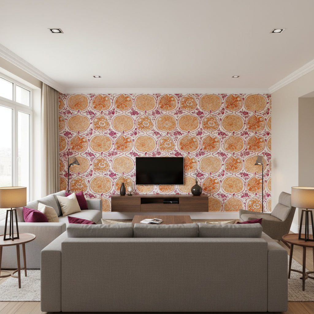 Katsugi Tangerine & Berry | Schumacher Wallcovering - Living Room Visualization (AI-generated, may not be to scale. Verify pattern scale with product specifications.)