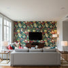 Shanghai Peacock Cerise | Schumacher Wallcovering - Living Room Visualization (AI-generated, may not be to scale. Verify pattern scale with product specifications.)
