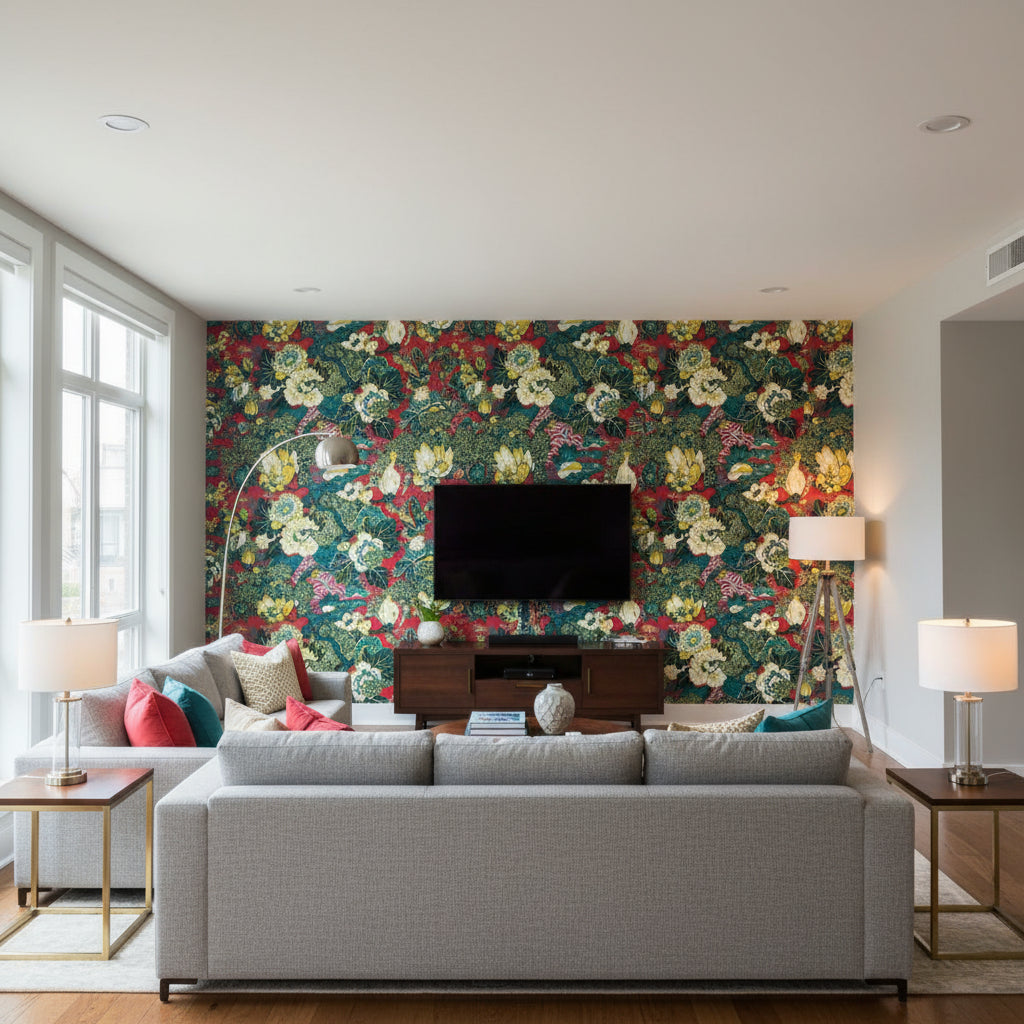 Shanghai Peacock Cerise | Schumacher Wallcovering - Living Room Visualization (AI-generated, may not be to scale. Verify pattern scale with product specifications.)