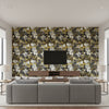 Shanghai Peacock Brass | Schumacher Wallcovering - Living Room Visualization (AI-generated, may not be to scale. Verify pattern scale with product specifications.)