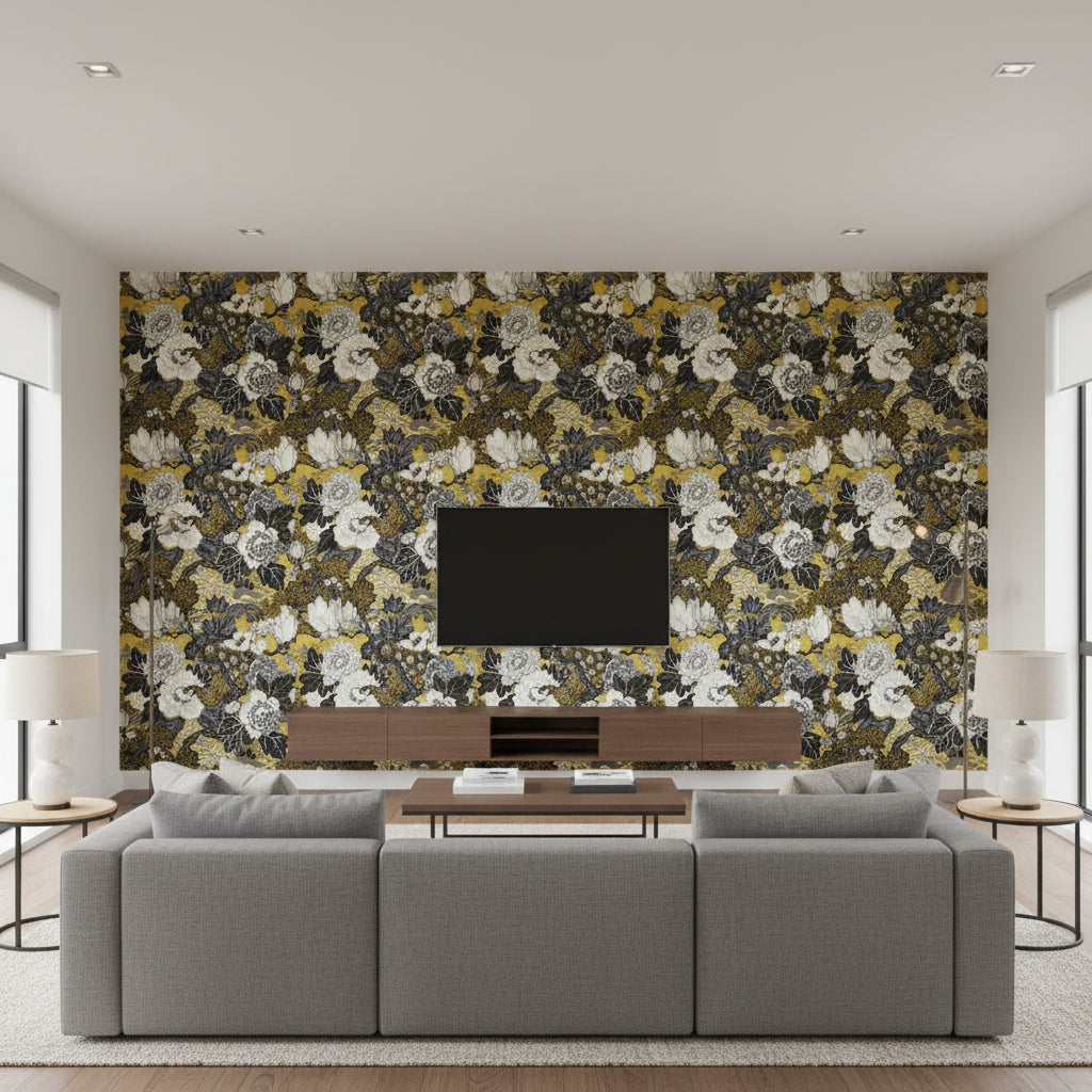 Shanghai Peacock Brass | Schumacher Wallcovering - Living Room Visualization (AI-generated, may not be to scale. Verify pattern scale with product specifications.)