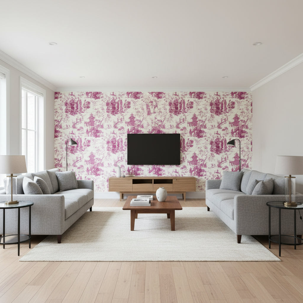 Chinois Peony | Schumacher Wallcovering - Living Room Visualization (AI-generated, may not be to scale. Verify pattern scale with product specifications.)