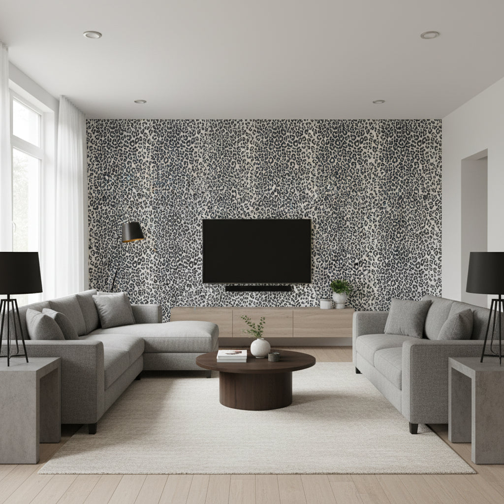 Iconic Leopard Ink | Schumacher Wallcovering - Living Room Visualization (AI-generated, may not be to scale. Verify pattern scale with product specifications.)