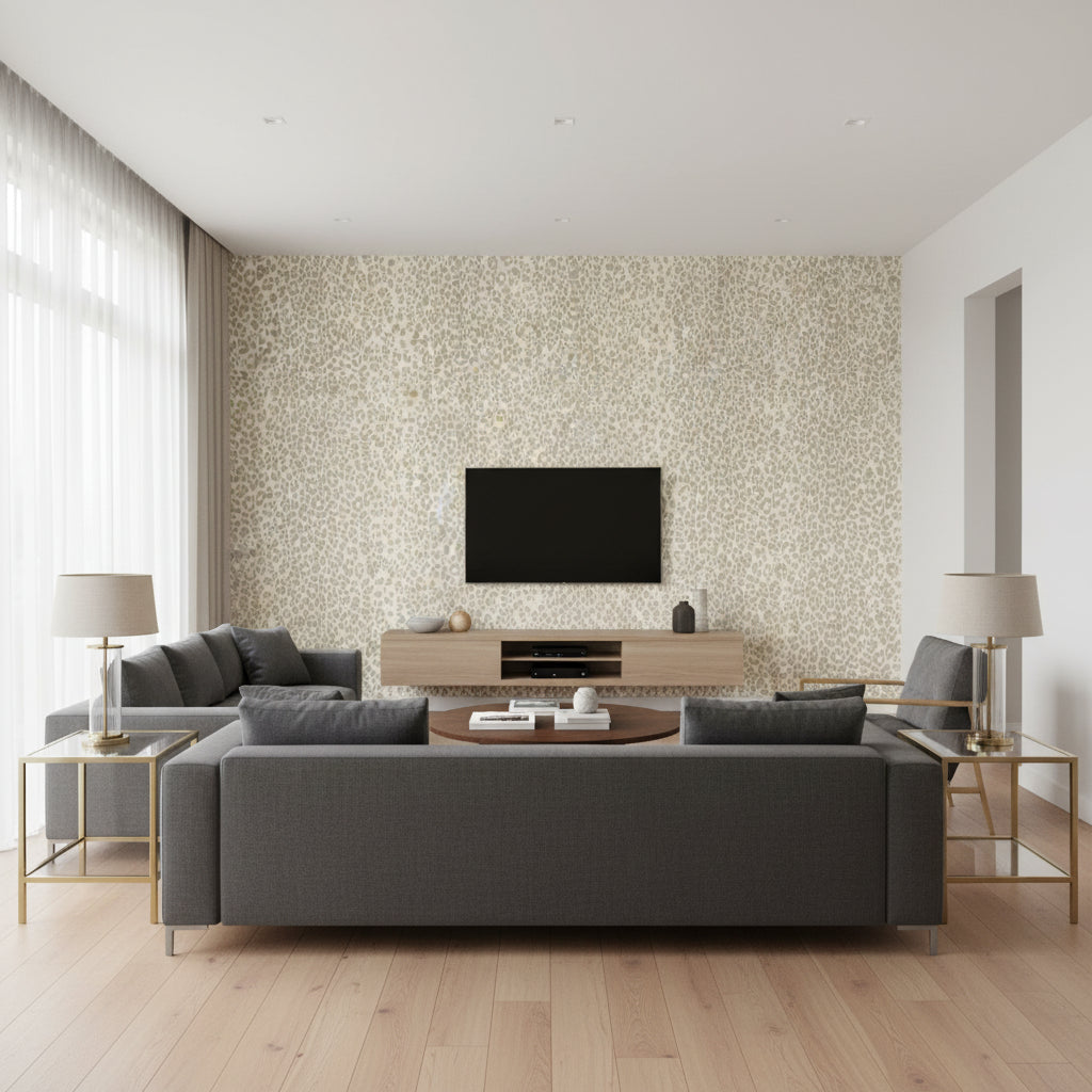 Iconic Leopard Linen | Schumacher Wallcovering - Living Room Visualization (AI-generated, may not be to scale. Verify pattern scale with product specifications.)