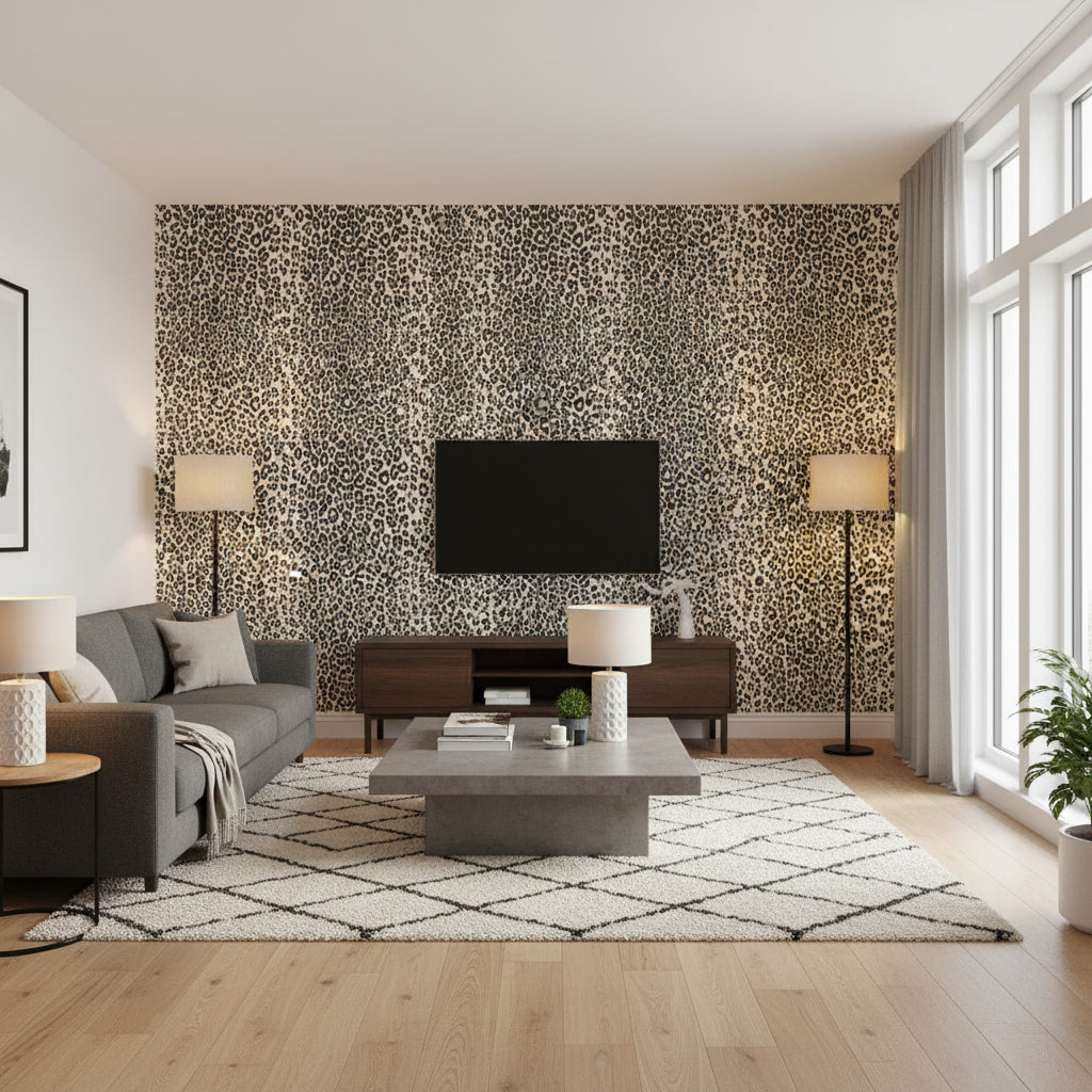 Iconic Leopard Graphite | Schumacher Wallcovering - Living Room Visualization (AI-generated, may not be to scale. Verify pattern scale with product specifications.)