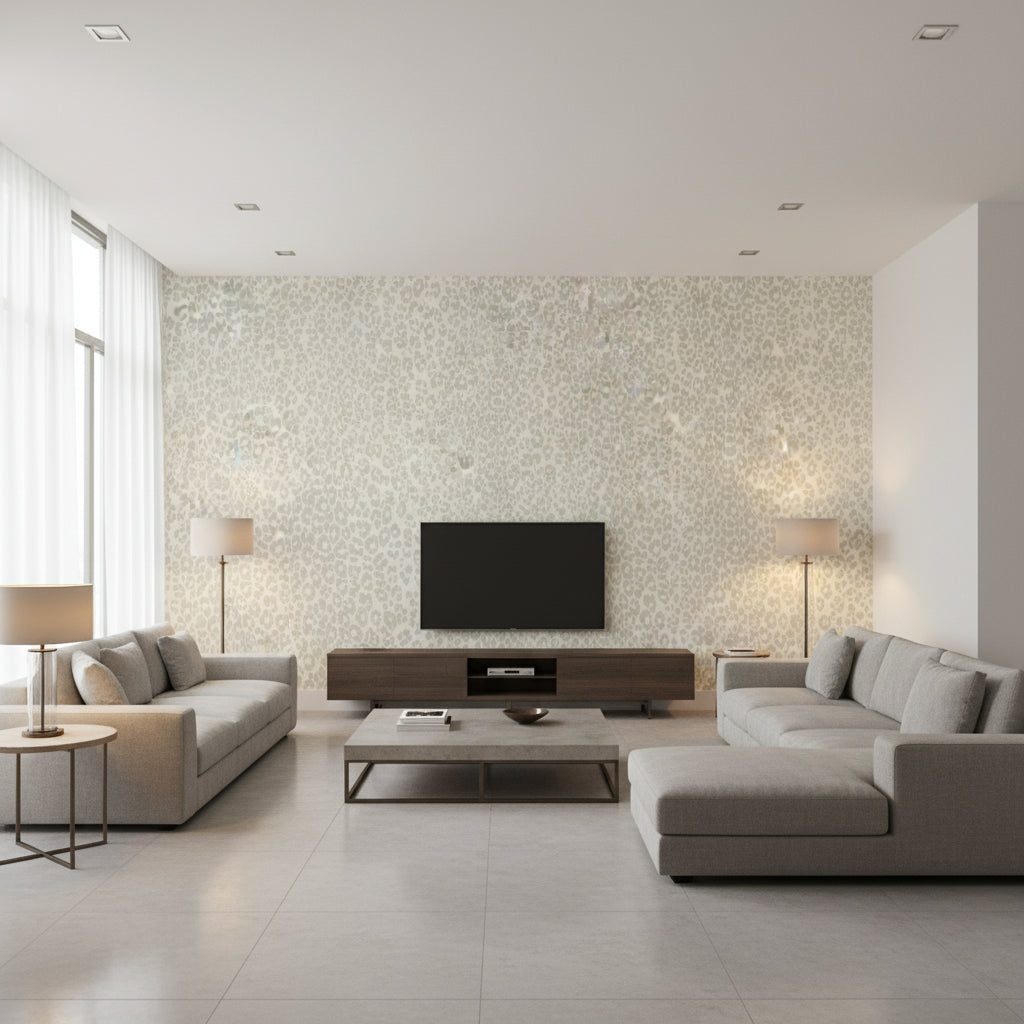 Iconic Leopard Cloud | Schumacher Wallcovering - Living Room Visualization (AI-generated, may not be to scale. Verify pattern scale with product specifications.)
