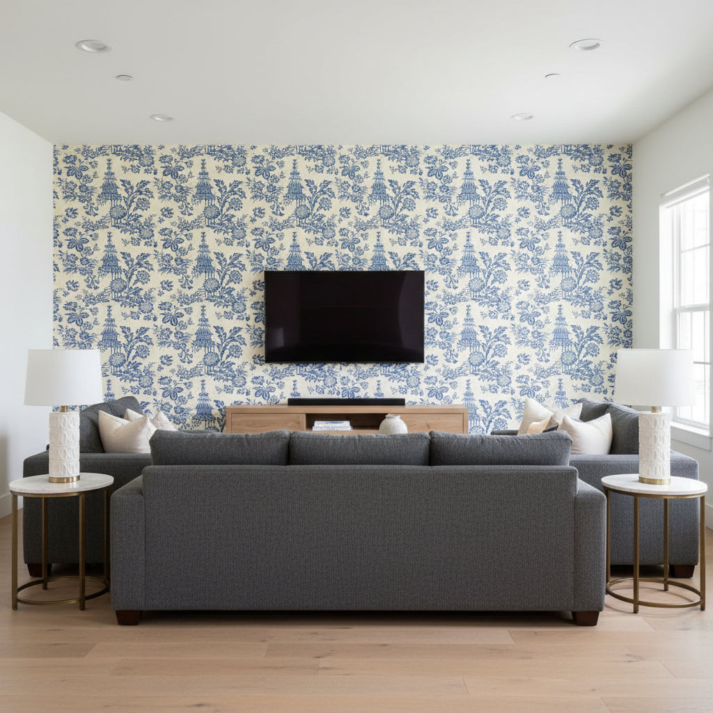 Song Garden Porcelain | Schumacher Wallcovering - Living Room Visualization (AI-generated, may not be to scale. Verify pattern scale with product specifications.)