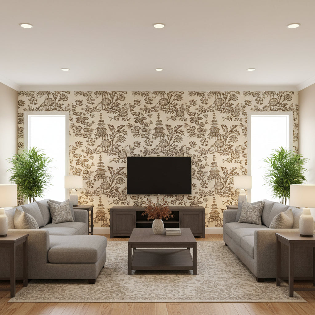 Song Garden Cocoa | Schumacher Wallcovering - Living Room Visualization (AI-generated, may not be to scale. Verify pattern scale with product specifications.)