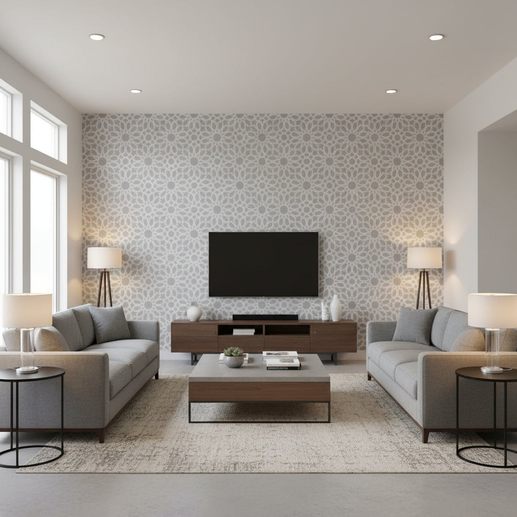 Agadir Screen Mylar Moon | Schumacher Wallcovering - Living Room Visualization (AI-generated, may not be to scale. Verify pattern scale with product specifications.)
