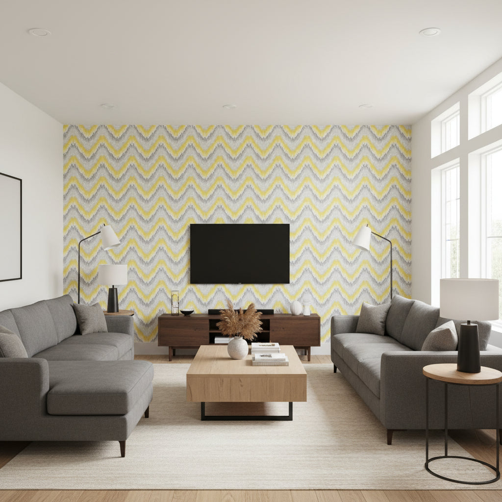 Petit Feu Cadmium | Schumacher Wallcovering - Living Room Visualization (AI-generated, may not be to scale. Verify pattern scale with product specifications.)