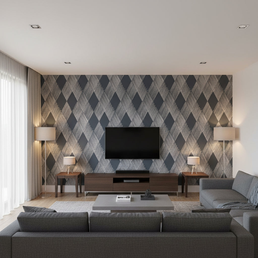 Fetlock Carbon | Schumacher Wallcovering - Living Room Visualization (AI-generated, may not be to scale. Verify pattern scale with product specifications.)