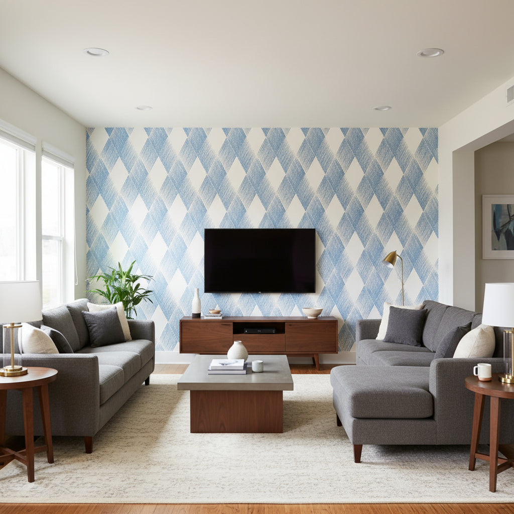 Fetlock Blue | Schumacher Wallcovering - Living Room Visualization (AI-generated, may not be to scale. Verify pattern scale with product specifications.)