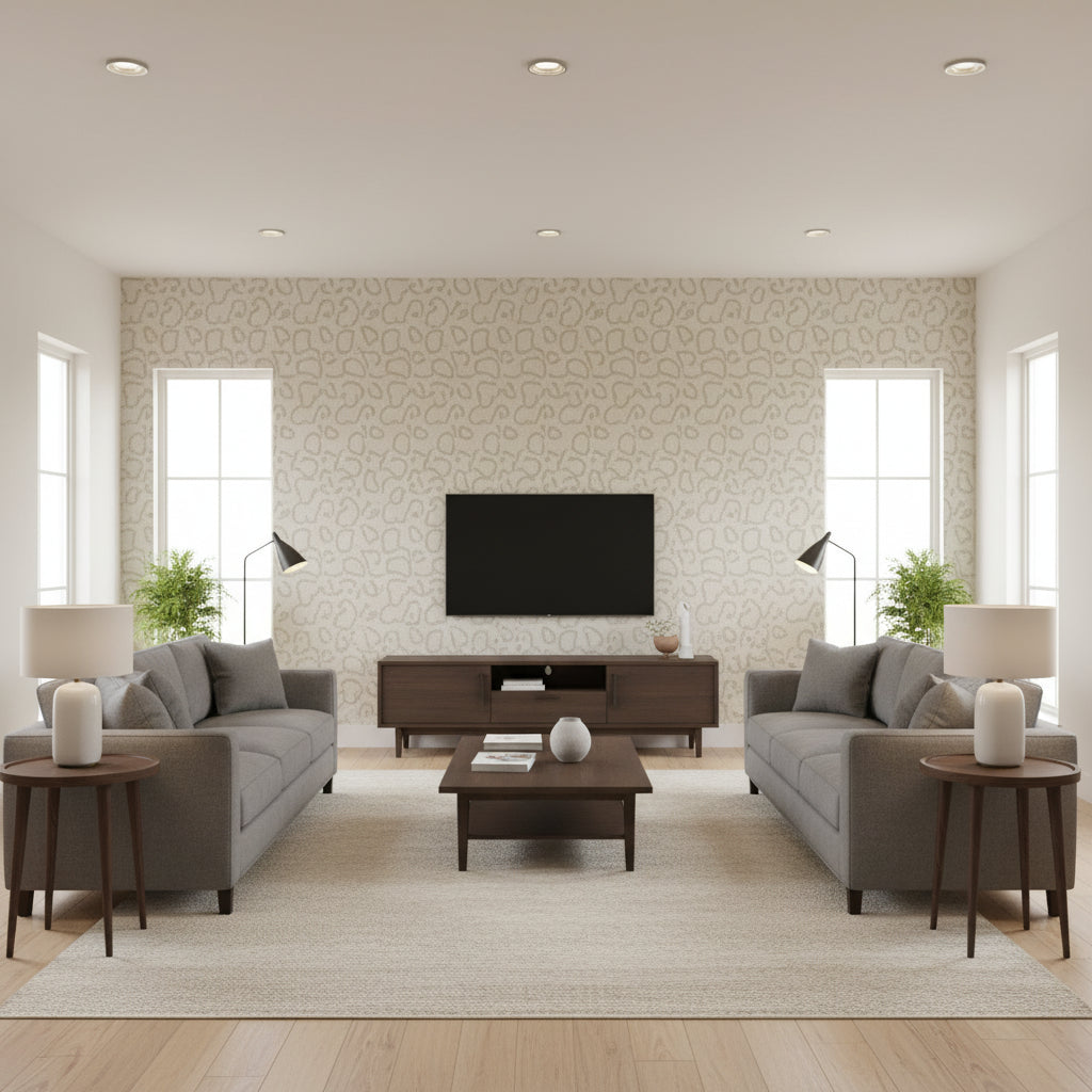 Park Avenue Python Dove | Schumacher Wallcovering - Living Room Visualization (AI-generated, may not be to scale. Verify pattern scale with product specifications.)