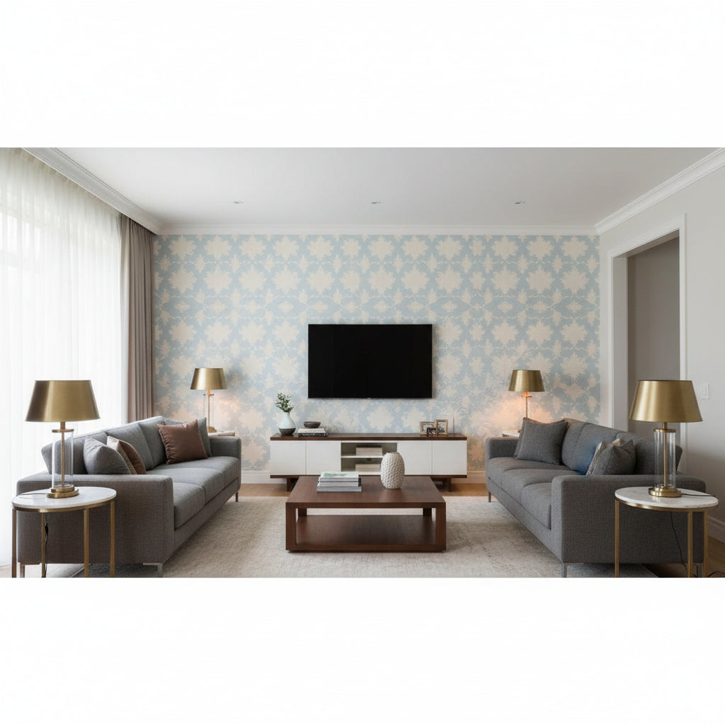 Garden Of Persia Mineral | Schumacher Wallcovering - Living Room Visualization (AI-generated, may not be to scale. Verify pattern scale with product specifications.)