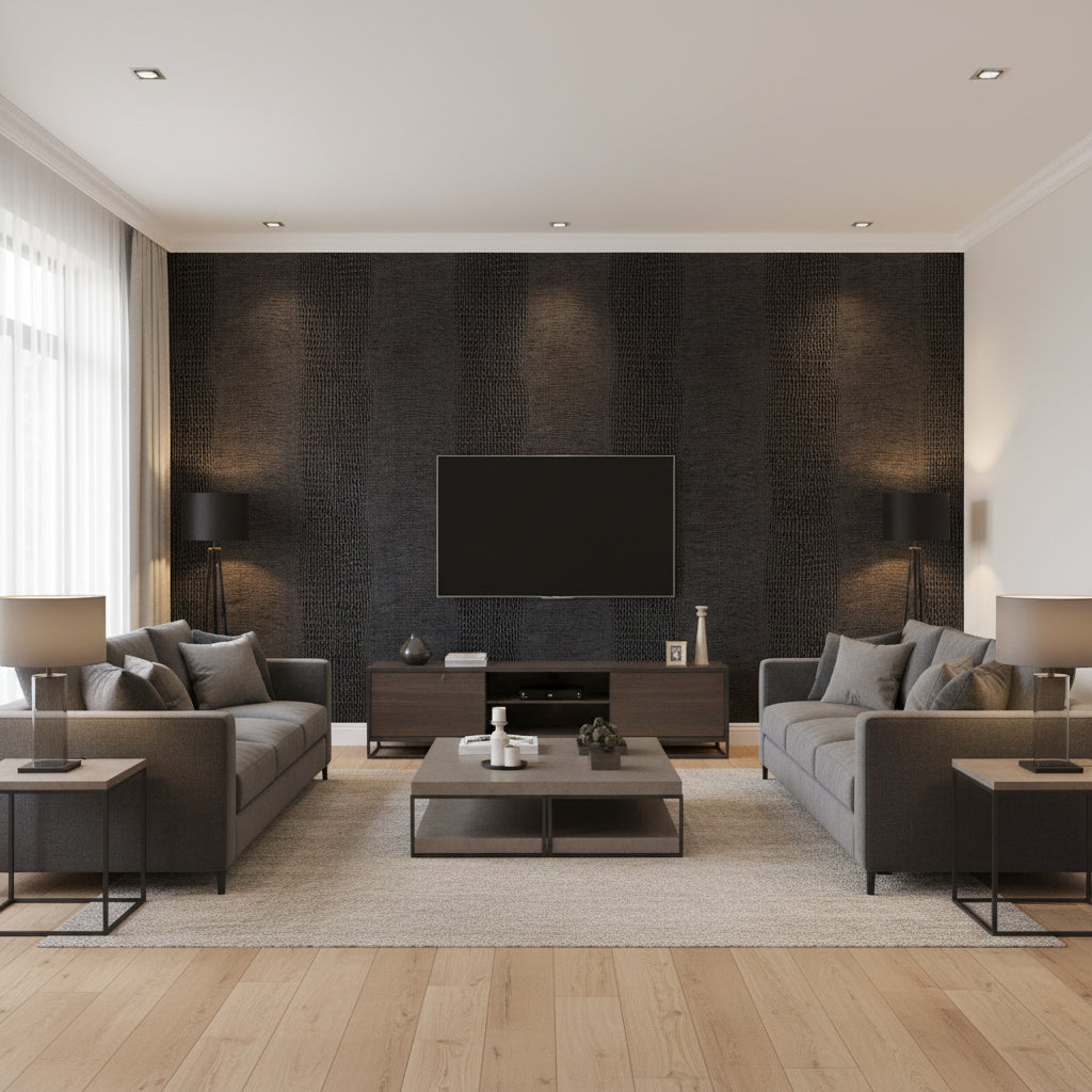 Komodo Black Orchid | Schumacher Wallcovering - Living Room Visualization (AI-generated, may not be to scale. Verify pattern scale with product specifications.)