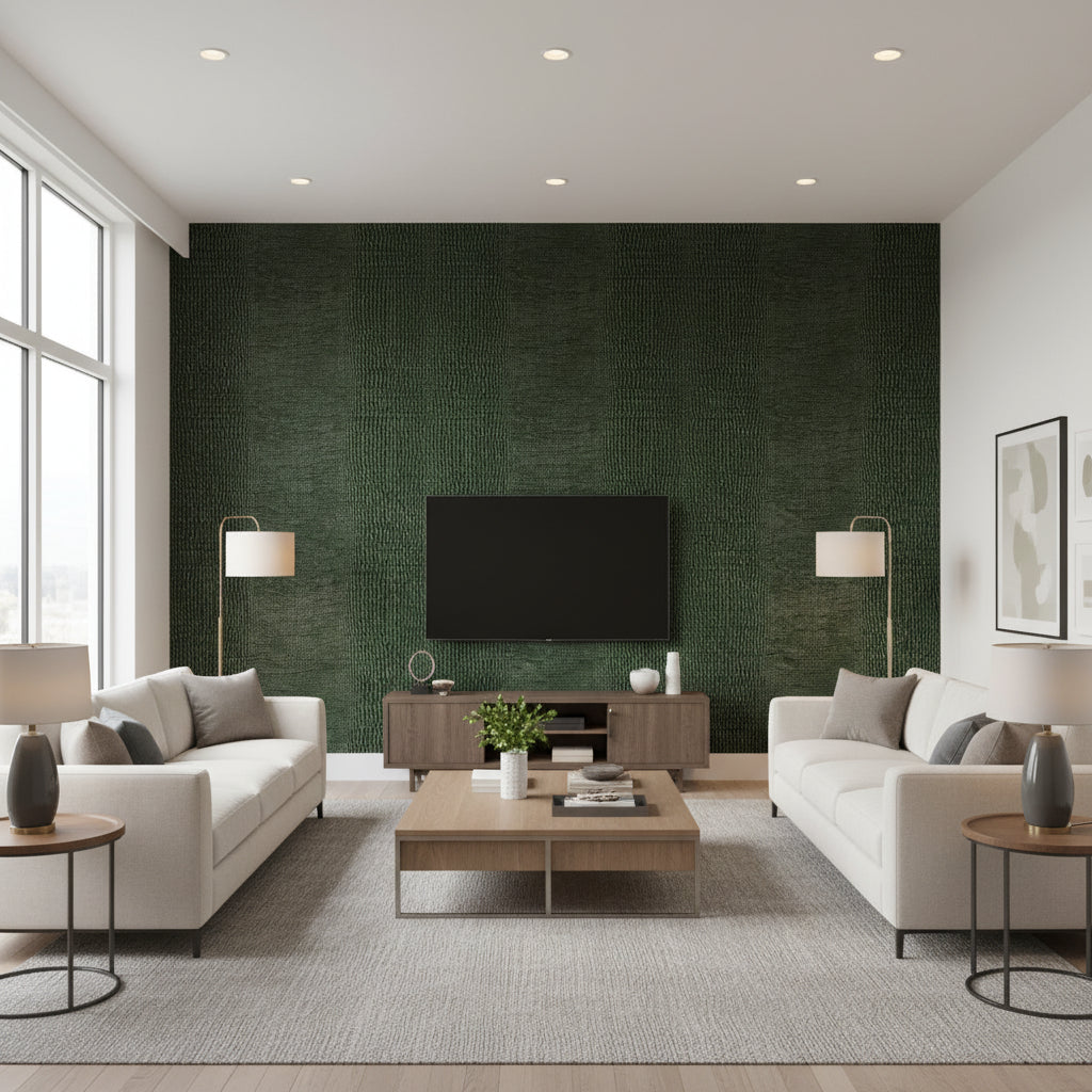 Komodo Forest Green | Schumacher Wallcovering - Living Room Visualization (AI-generated, may not be to scale. Verify pattern scale with product specifications.)