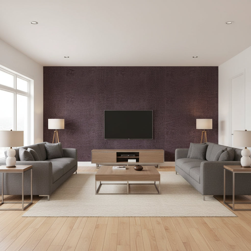 Komodo Sepia | Schumacher Wallcovering - Living Room Visualization (AI-generated, may not be to scale. Verify pattern scale with product specifications.)