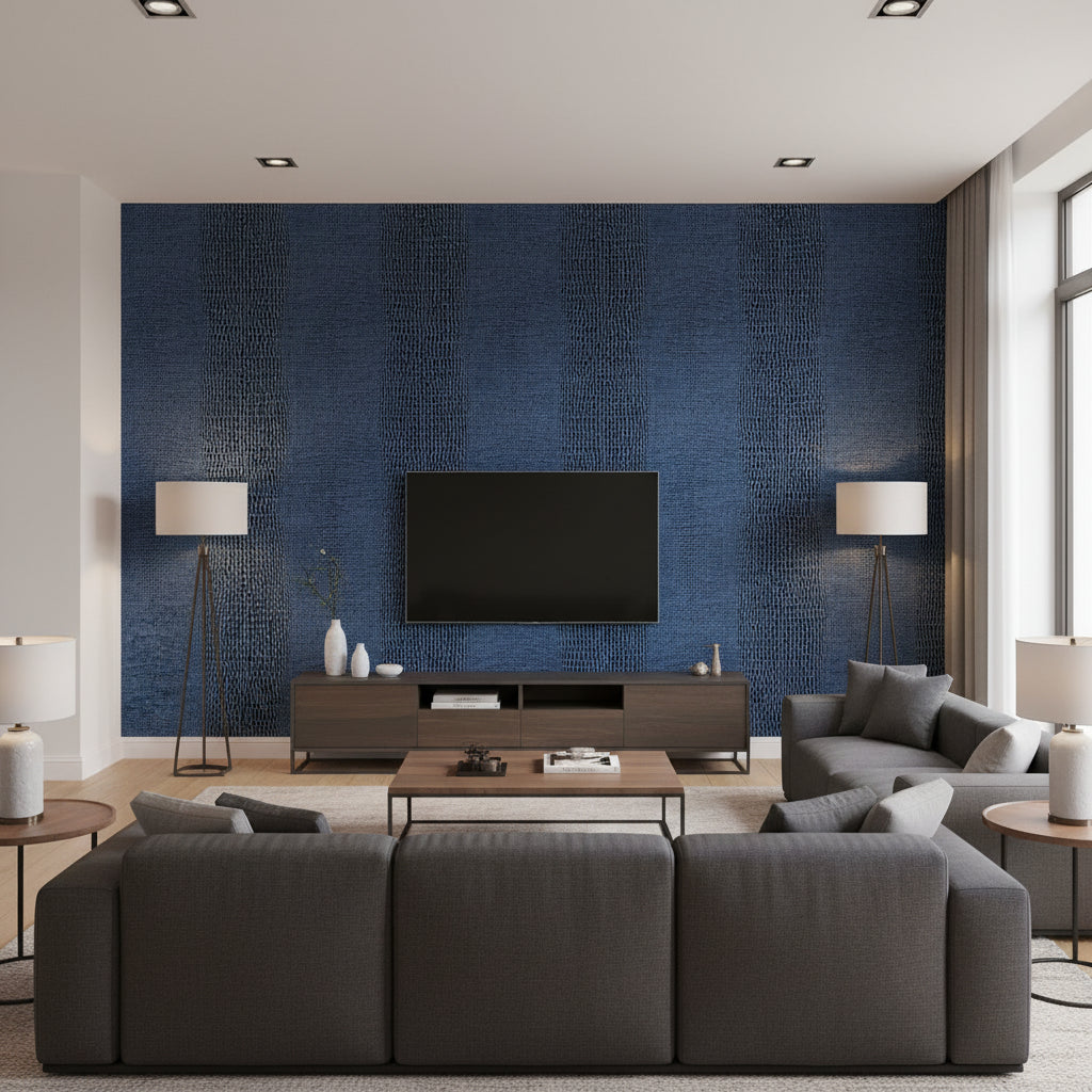 Komodo Prussian | Schumacher Wallcovering - Living Room Visualization (AI-generated, may not be to scale. Verify pattern scale with product specifications.)