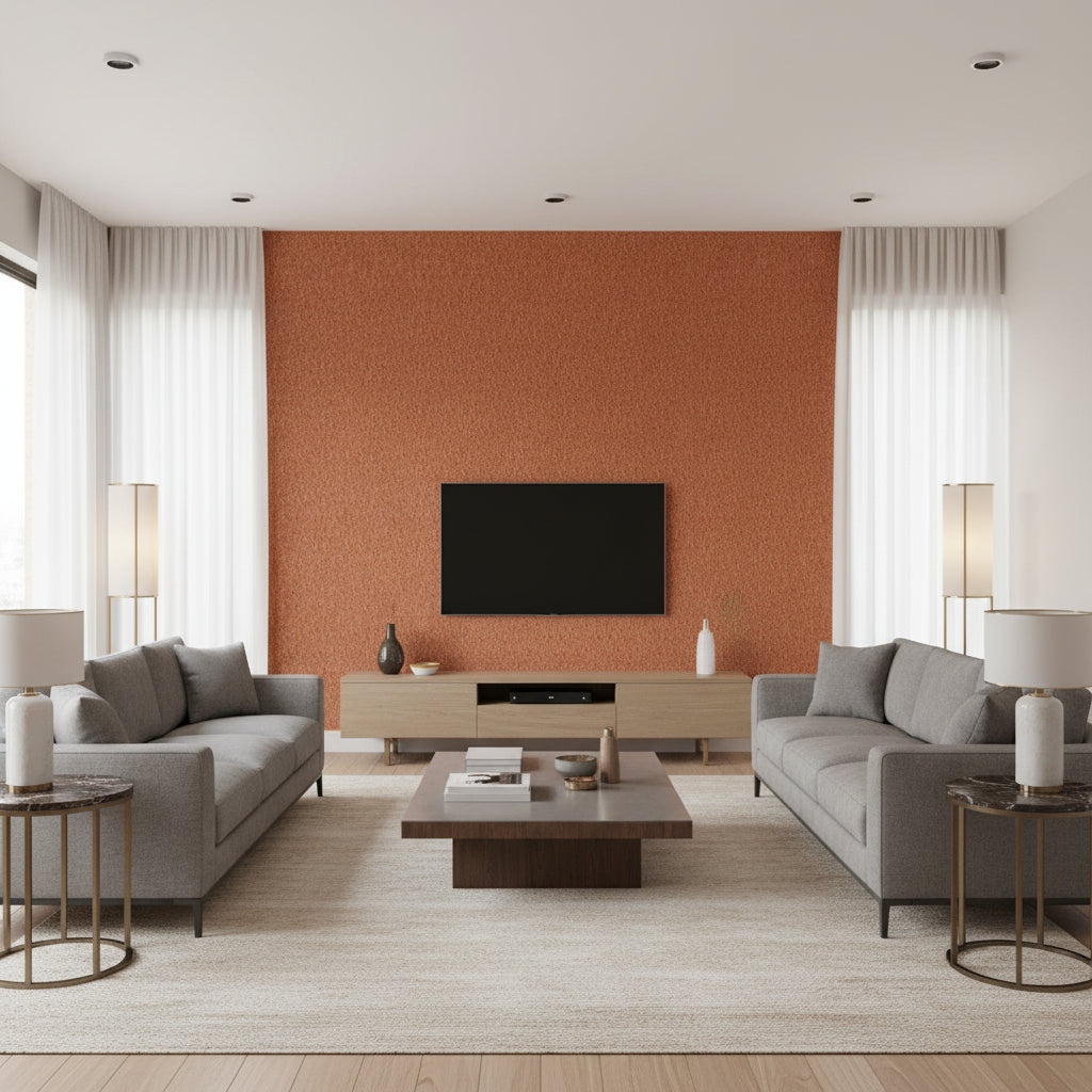 Ostrich Ginger | Schumacher Wallcovering - Living Room Visualization (AI-generated, may not be to scale. Verify pattern scale with product specifications.)