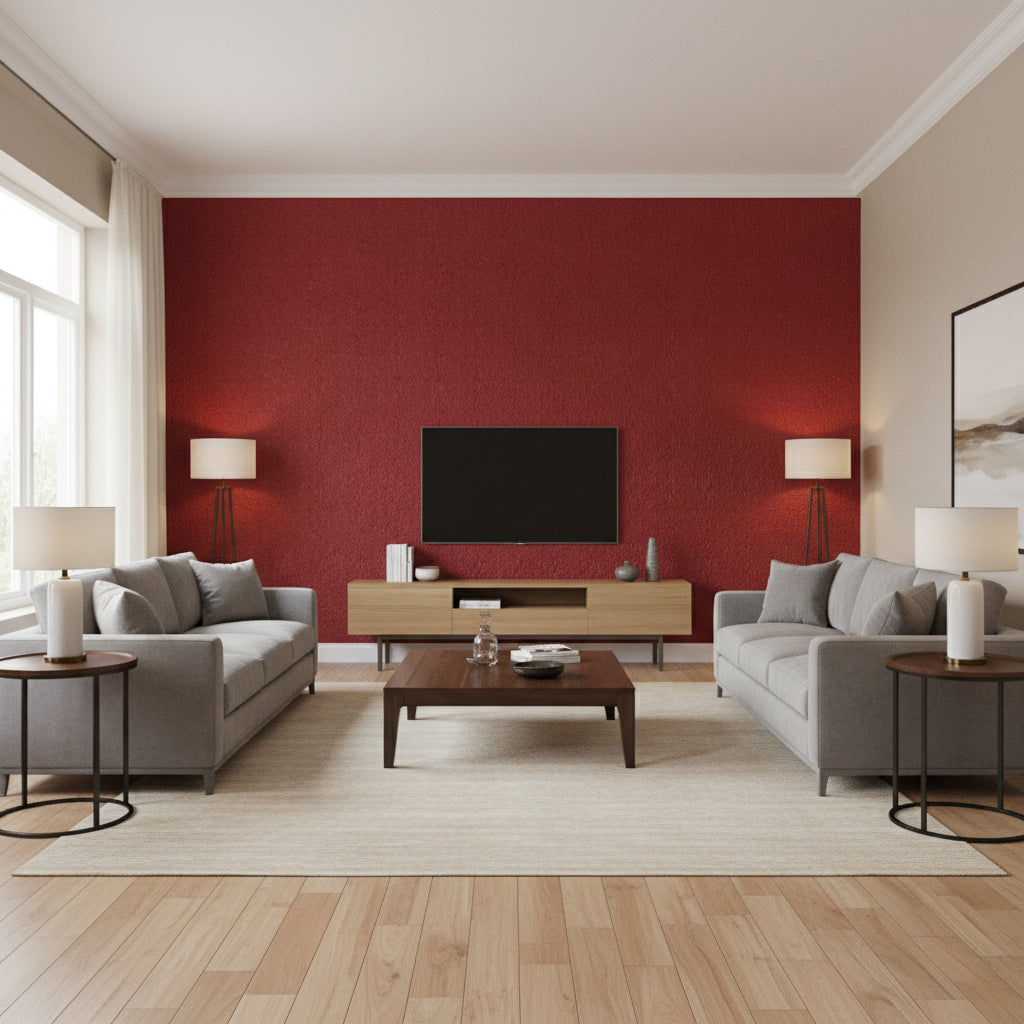 Ostrich Scarlet | Schumacher Wallcovering - Living Room Visualization (AI-generated, may not be to scale. Verify pattern scale with product specifications.)