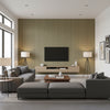 Galvanized Rib Aged Gold | Schumacher Wallpaper - Living Room Visualization (AI-generated, may not be to scale. Verify pattern scale with product specifications.)