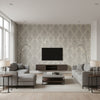 Incandescence Damask Burnished Silver | Schumacher Wallcovering - Living Room Visualization (AI-generated, may not be to scale. Verify pattern scale with product specifications.)