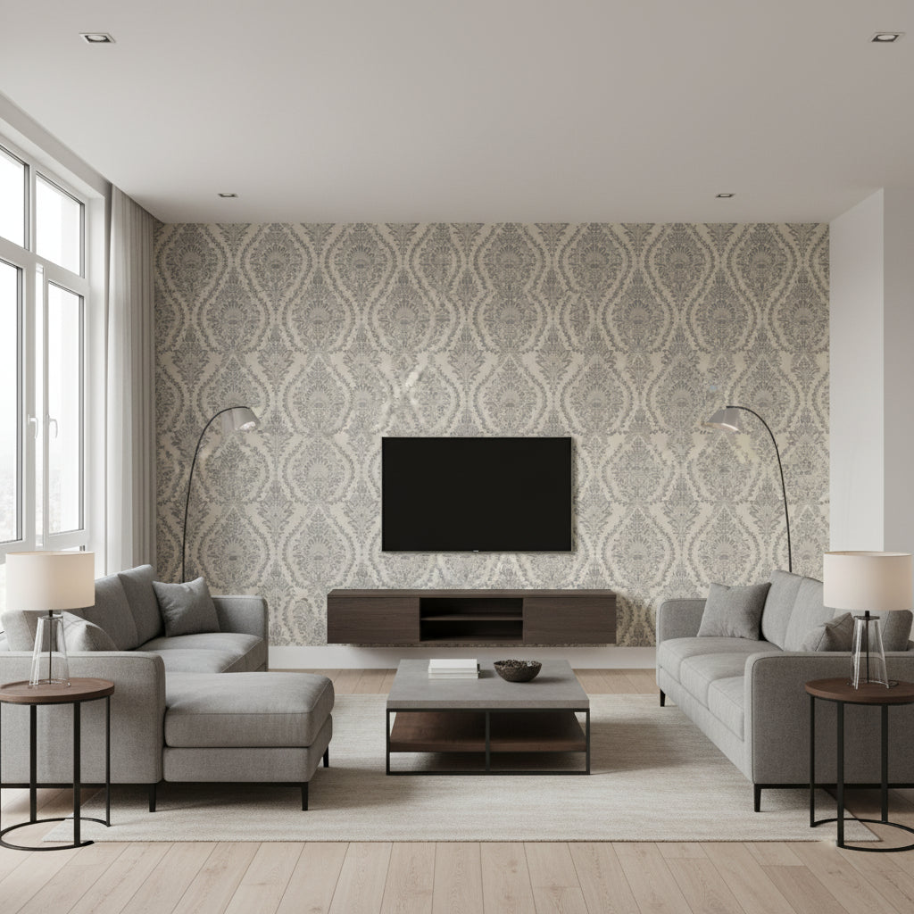 Incandescence Damask Burnished Silver | Schumacher Wallcovering - Living Room Visualization (AI-generated, may not be to scale. Verify pattern scale with product specifications.)
