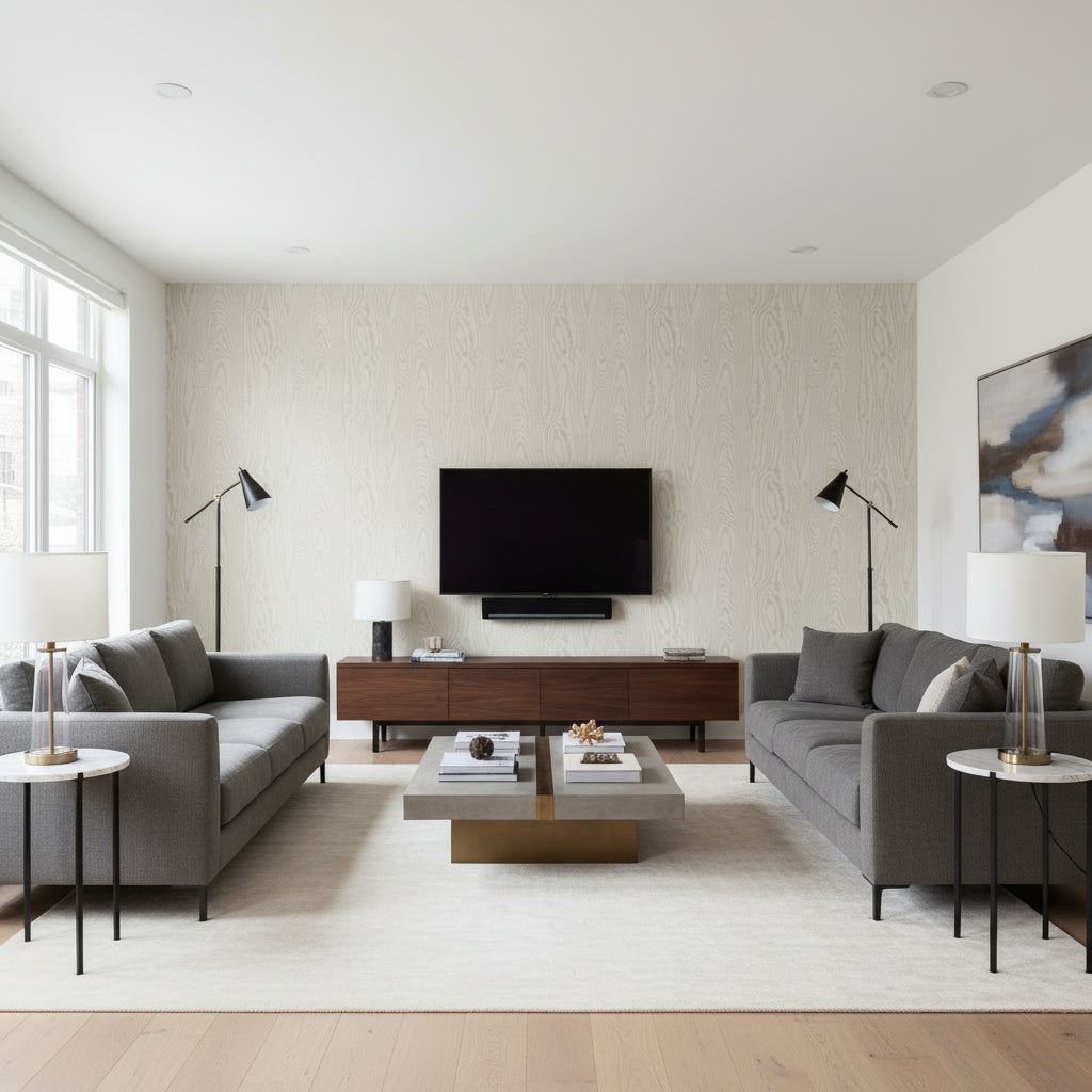 Faux Bois Stone | Schumacher Wallcovering - Living Room Visualization (AI-generated, may not be to scale. Verify pattern scale with product specifications.)